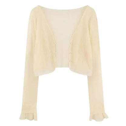 2025 Fairy Style Solid Cardigan Women Summer New Long Sleeve Sunscreen Sweet Beading V-neck Basics Loose Chiffon Cardigan - Smarsty