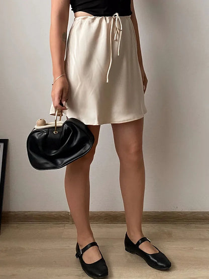 Satin Mini Skirts Women Summer Beige Silk Short Skirt For Woman Drawstring High Waist Black Satin Skirt A Line Women Short 2025 - Smarsty