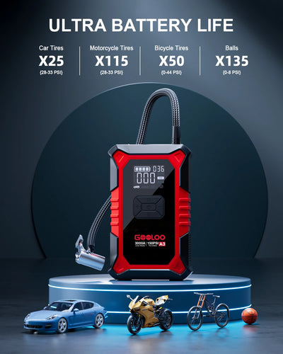 GOOLOO A3 Jump Starter with Air Compressor, 3000A Portable Car Battery Booster (9.0 Gas/6.5L Diesel) with 150PSI Auto-Shutoff Ti - Smarsty