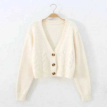 V Neck Cropped Cardigan Women Long Sleeve Twist Knitted Sweater Coats Autumn Winter Keep Warm Korean Fashion Jacket Cardigan - Smarsty