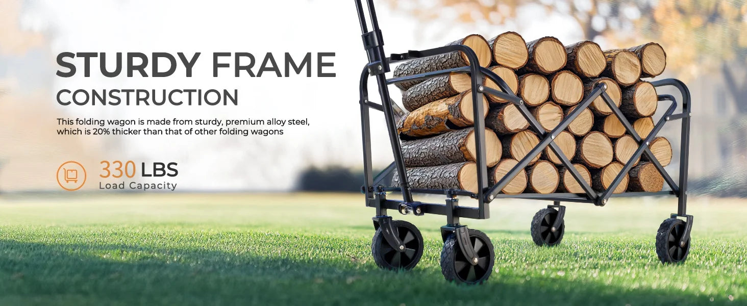 Heavy Duty Wagon Carts Foldable, Portable Wagons for Groceries, Beach Cart with All-Terrain Wheels  Drink Holders, Utility Wagon