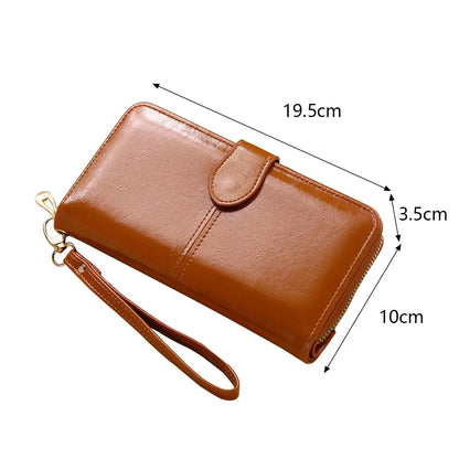 Women's Vintage Oil Wax PU Leather Clutch Wallet Female Large Capacity Phone Purse Ladies Wristband Simple Card Holder Pouch Bag - Smarsty