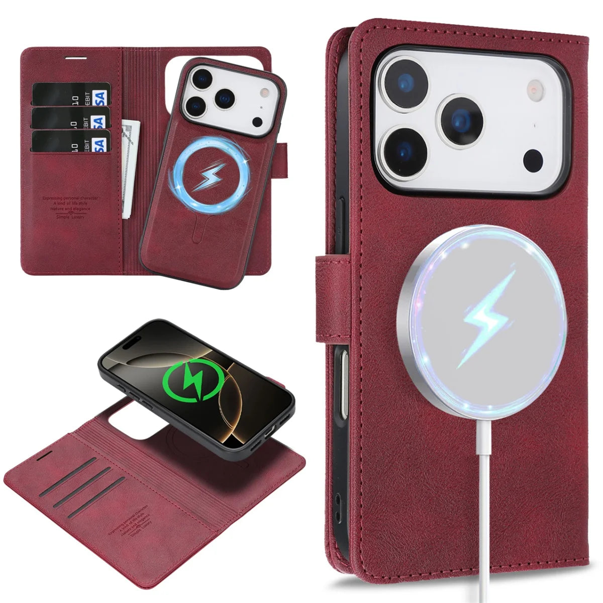 2 in 1 MagSafe Magnetic Leather Phone Case for IPhone 17 Air 16 Pro Max 15 Plus 14 13 12 16E Card Slots Wallet Protective Cover