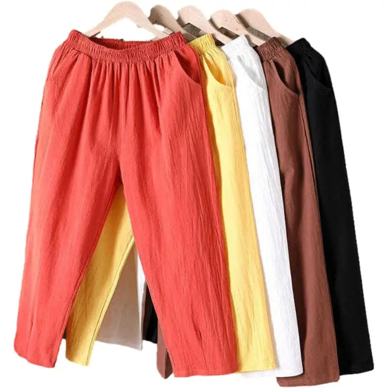 Women Summer Casual Loose Harem Elastic Waist Cotton Linen Pants Ninth Trousers - Smarsty