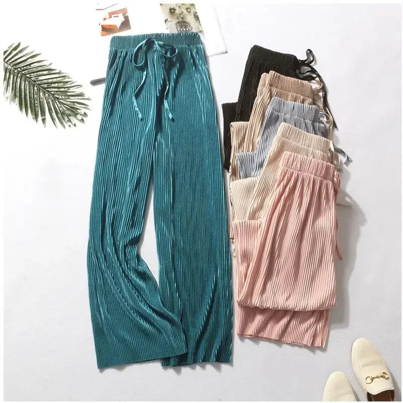 Women Fashion Summer Wide Leg Pants Pleated Ice Silk Trousers Elastic Waist Loose Casual Pants - Smarsty