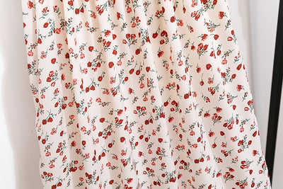 Spring Summer Chiffon Dress Women Midi DressesFemale Short Sleeve Elastic Waist Printed Floral Pleated Backless Casual Dress - Smarsty