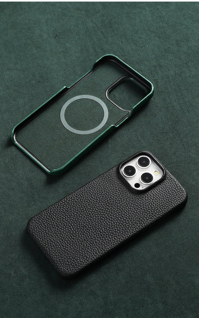 MagSafe Leather Case Natural Cowhide Lychee Finish Premium for iPhone 15, 16, 17 - Smarsty