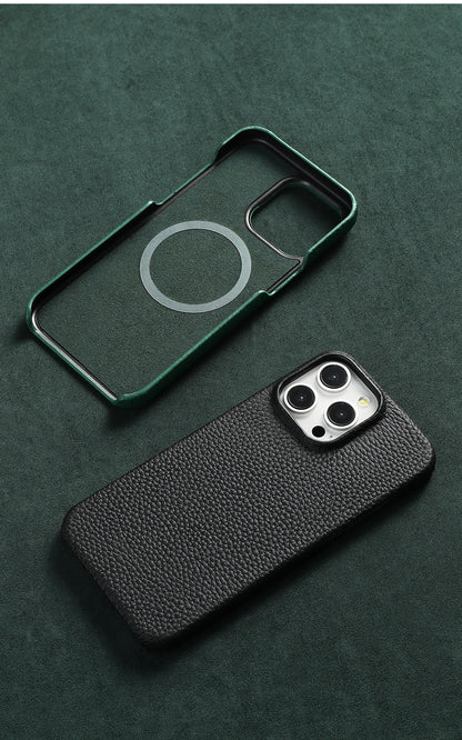 MagSafe Leather Case Natural Cowhide Lychee Finish Premium for iPhone 15, 16, 17 - Smarsty