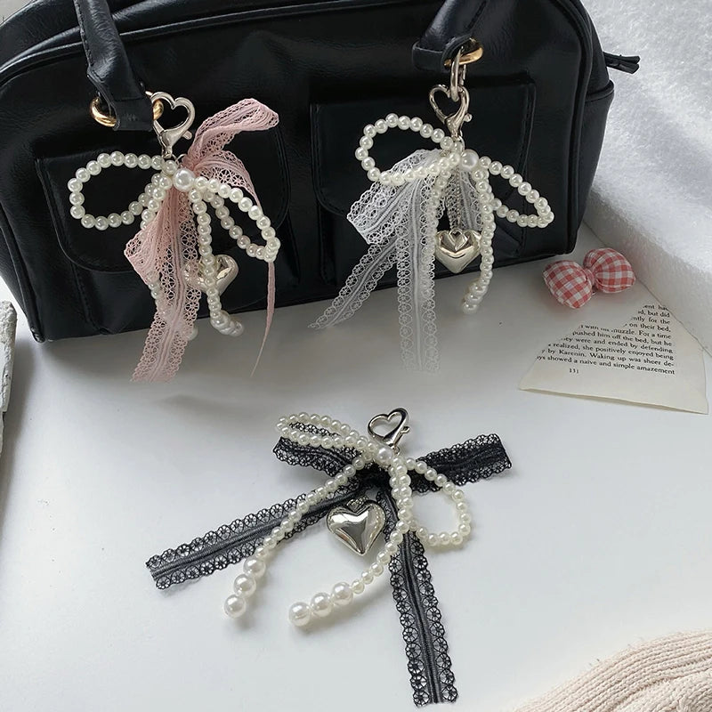 2025 New Sweet Pearl Bow Keychain Heart Lace Pendant Car Keychain Korean Y2K Beauty Girl Bag Pendant Accessory Gift
