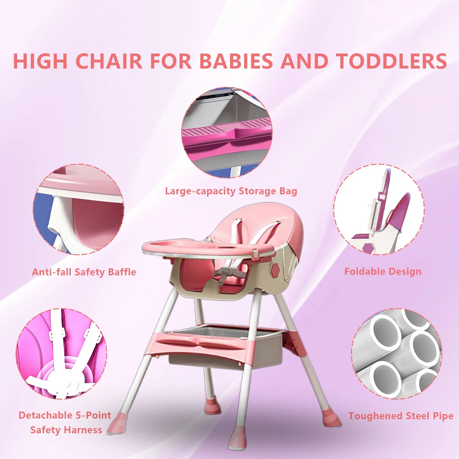 Foldable Baby High Chair 4-in-1 Foldable Reclining Feeding Table Chair Seat 7 Heights With Toyrack Easy To Clean Feeding