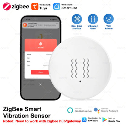 Tuya Zigbee Smart Vibration Sensor Detection Smart Life App Notification Real-Time Motion Shock Alarm Record