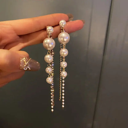 Korean Pearl Tassel Drop Earrings for Women with Zircon Detail - Smarsty