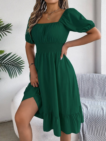 Women's MIidi Dresses 2024 Summer Casual Square Neck Short Sleeved Waist Ruffle Edge Dress Dress Women Elegant Платья Женские - Smarsty