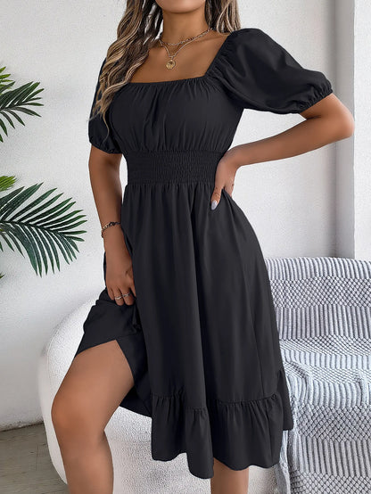 Women's MIidi Dresses 2024 Summer Casual Square Neck Short Sleeved Waist Ruffle Edge Dress Dress Women Elegant Платья Женские - Smarsty