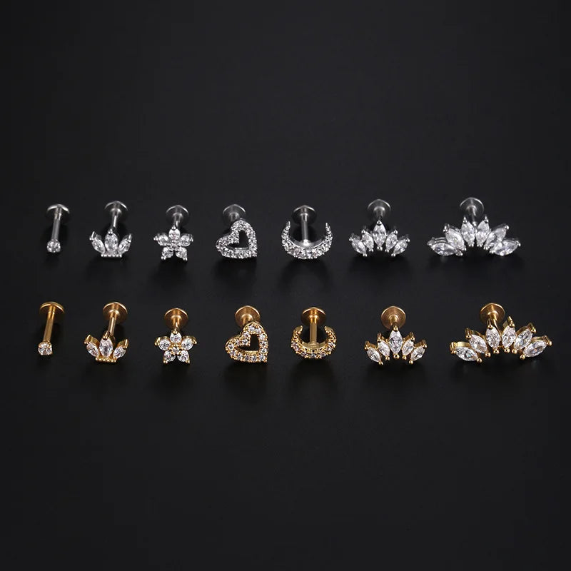 Heart Flower Cartilage Earrings Stainless Steel Zircon - Smarsty