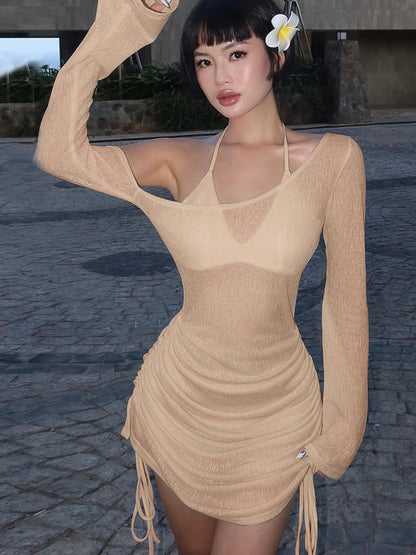 Dulzura Solid Skew Collar Ruched Straps Lace-Up See Through Draw String Mini Dress 2023 Summer  Women Party Clubwear Wholesale - Smarsty
