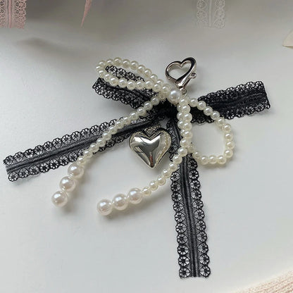2025 New Sweet Pearl Bow Keychain Heart Lace Pendant Car Keychain Korean Y2K Beauty Girl Bag Pendant Accessory Gift