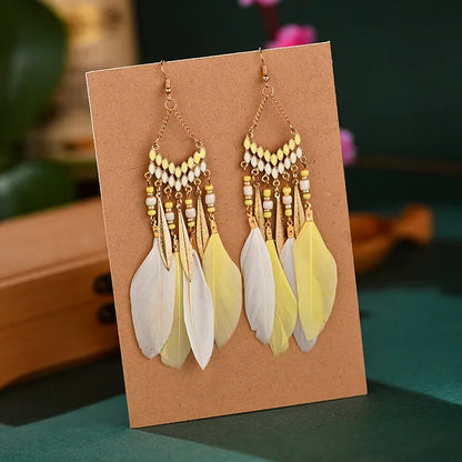 Bohemian Feather Dangle Earrings with Colorful Tassels - Smarsty
