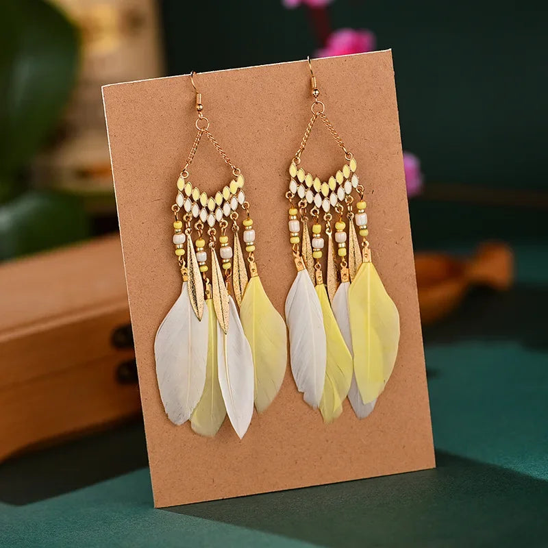 Bohemian Feather Dangle Earrings with Colorful Tassels - Smarsty