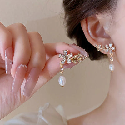 Zircon Stud Earrings Floral Leaf With Pearl Shimmer - Smarsty