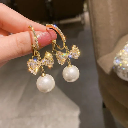 Pearl Long Earrings With Rhinestones For Wedding Fashion - Smarsty