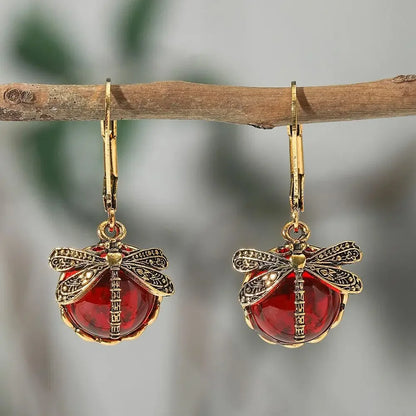 Vintage Dragonfly Drop Earrings with Moonstone Inlaid Design - Smarsty