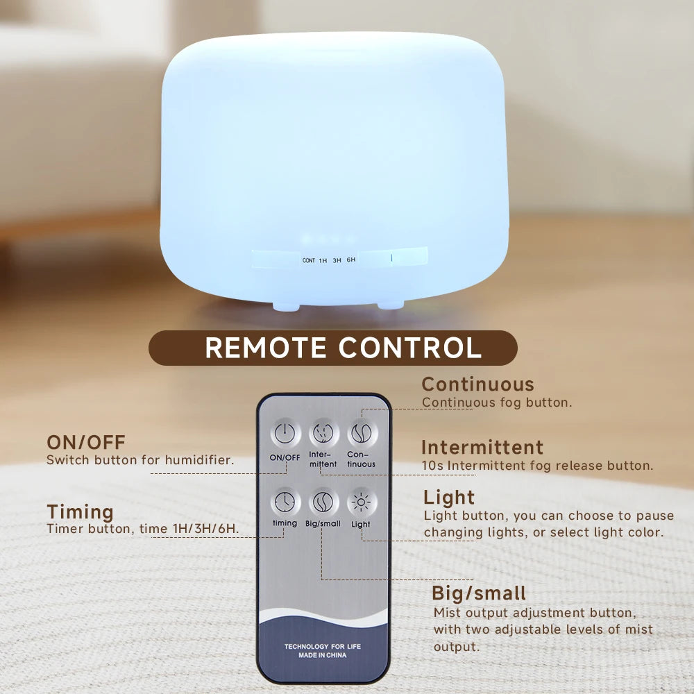 Quiet Aroma Diffuser 500ML Quiet Aroma Diffuser Remote Control Humidifier with LED Light and Auto Off for Office Home Bedroom
