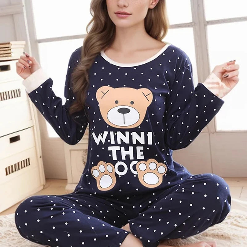 2PCS/Set Women Fashion Long-Sleeved Pajamas Fall and Winter Cartoon Love Bear Cute Soft Loose Casual Sleepwear Outside Homewear - Smarsty