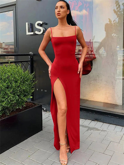 Women Summer Sexy Bodycon Dress Lady Sexy Spaghetti Strap Sleeve Split Solid Color Sheath Dress Vestidos - Smarsty