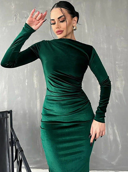 Dulzura 2024 Spring Summer Velvet Long Sleeve Midi Dress For Women Ruched Long Dress Elegant Party Clothes Evening Green Outfits - Smarsty