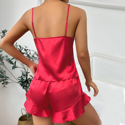 Simple Satin Pajama Set Long Sleeve Belted Robe  V Neck Cami Top And Shorts Women's Sleepwear - Smarsty