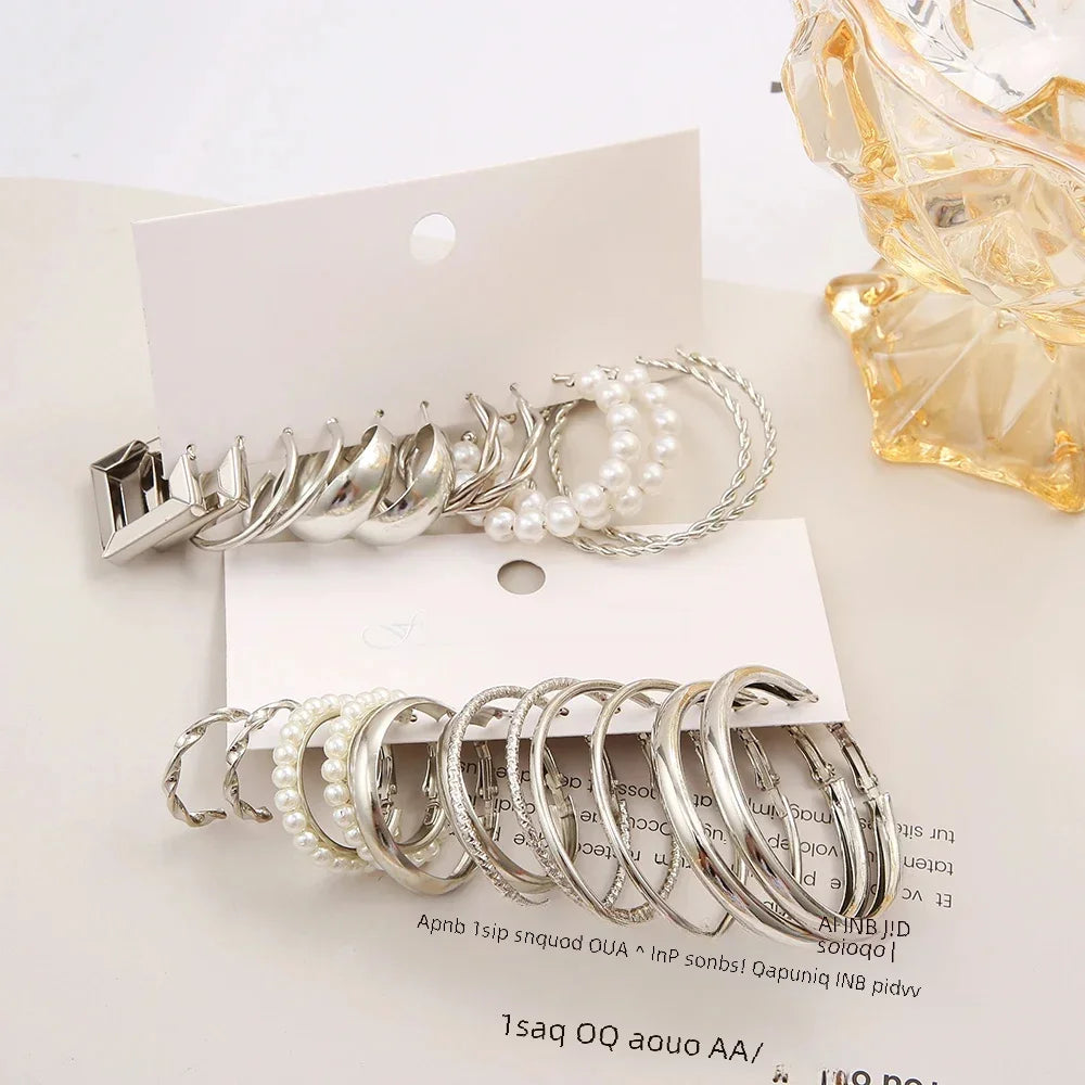 Vintage Silver Y2K Pearl Hoop Earrings Geometric Set - Smarsty