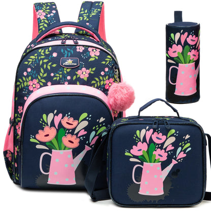 Colorful Floral Girls Backpack Set With Lunch Box 3 Piece - Smarsty