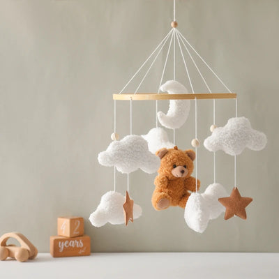 Wooden Crib Mobile Baby Bed Bell Rattle Toy Soft Felt Cartoon Bear Mobile Hanging Newborn Music Box Bed Bell Hanging Bracket Toy by Smarsty
