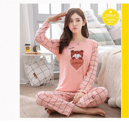 2PCS/Set Women Fashion Long-Sleeved Pajamas Fall and Winter Cartoon Love Bear Cute Soft Loose Casual Sleepwear Outside Homewear - Smarsty