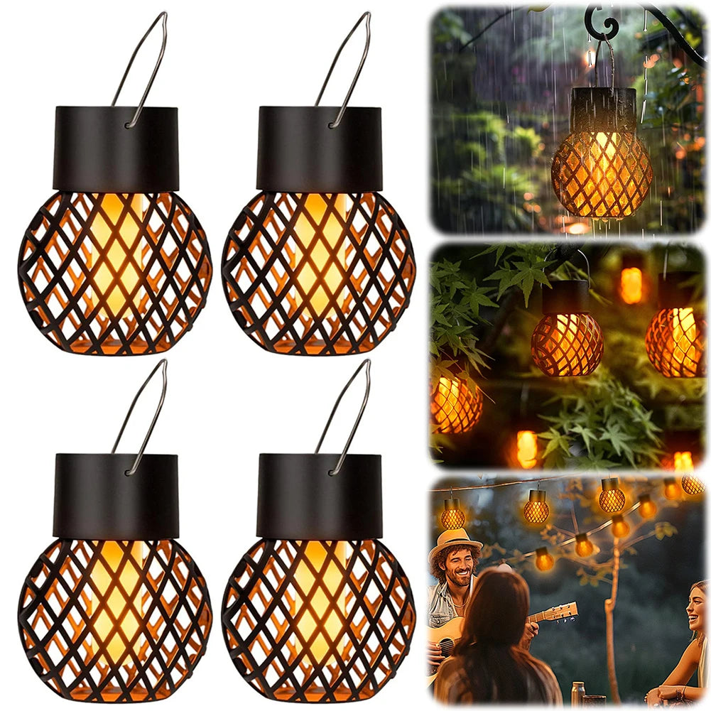 4 PCS Solar Lanterns Outdoor with Flickering Flame Solar Hanging Light with Hook LED Solar Light for Yard Patio Tree Camping