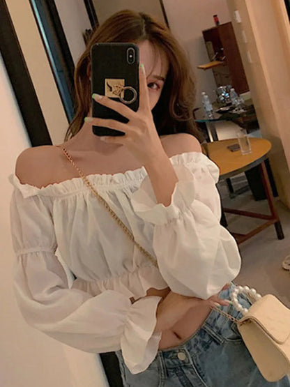 Women Top Sexy Blouse Off Shoulder Top Long Sleeve Solid Color White Shirt Puff Sleeve Ruffle Tunic Crop Top Summer Tube Top - Smarsty