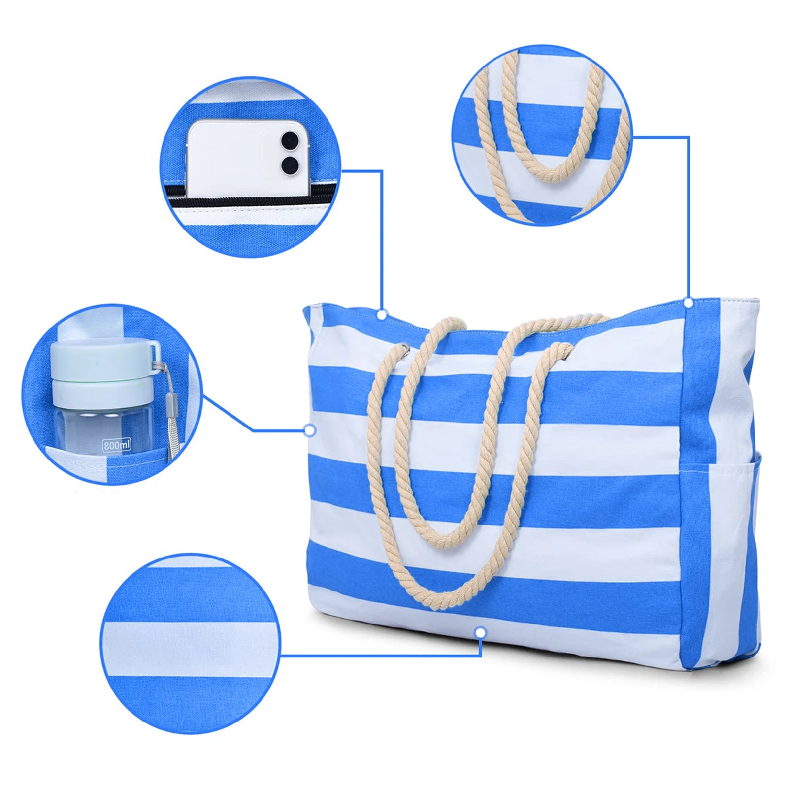 Waterproof Beach Bag Foldable Striped Zipper Outdoor Tote - Smarsty
