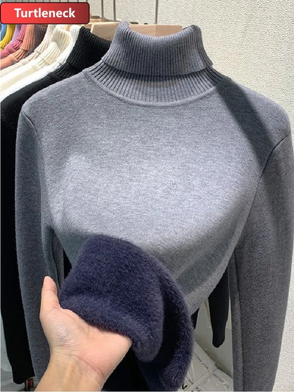 Turtleneck Winter Sweater Women Elegant Thicken Velvet Lined Warm Sueter Knitted Pullover Slim Tops Jersey Knitwear Jumper New - Smarsty