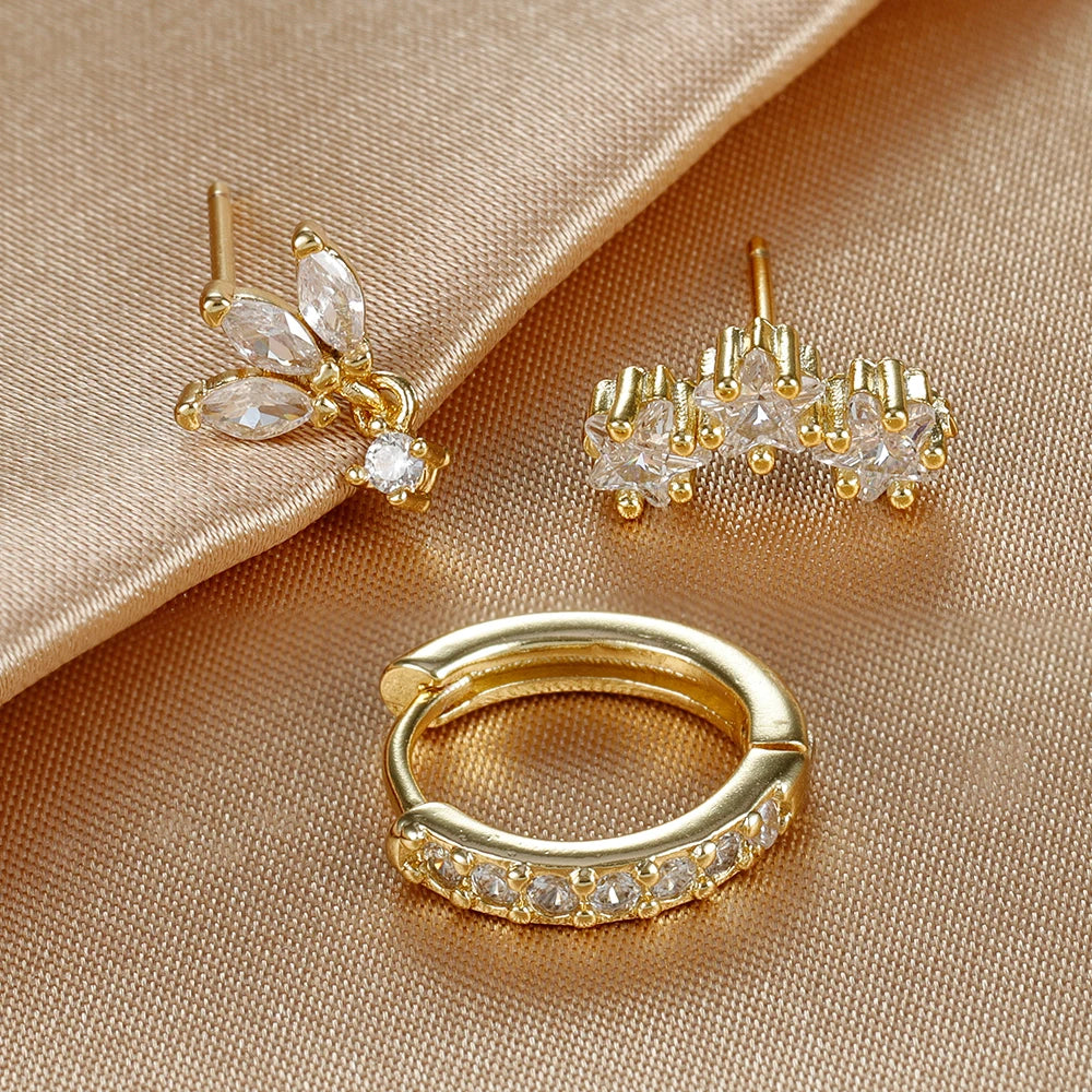3Pc Stainless Steel Star Stud Earrings Sparkling Zircon - Smarsty