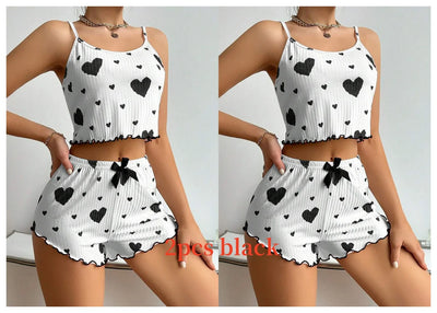Women's Pajamas Set Sleepwear 2 PCS Short Tank Tops And Shorts S M L White Ventilate Soft Casual Love Printing - Smarsty