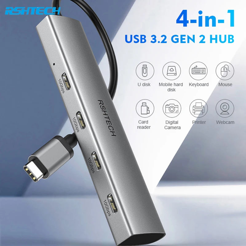 USB C Hub 4 Port Aluminum Gen2 Data Dongle Portable