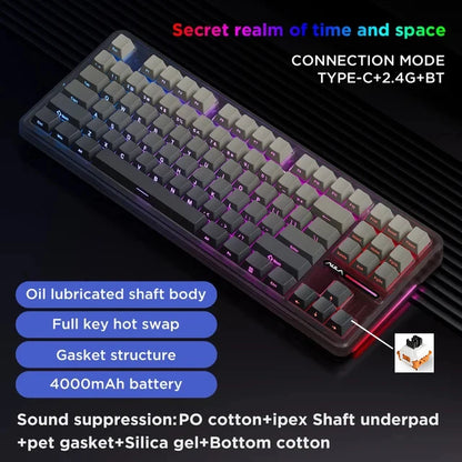 Mechanical Keyboard Tri Mode Wireless 87 Keys Silent Gaming