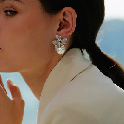 Elegant Flower Imitation Pearl Earrings With CZ Stone - Smarsty