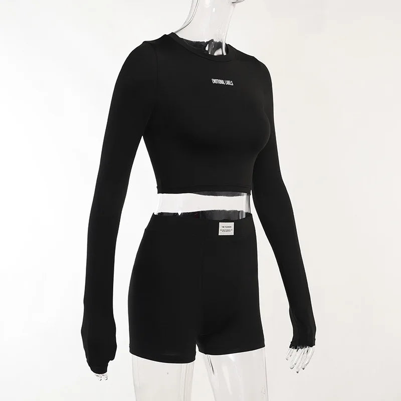 European and American Spring/Summer Round Neck Long Short sleeved 3/4 Shorts Two piece Women's Fashion Sports Versatile Set - Smarsty