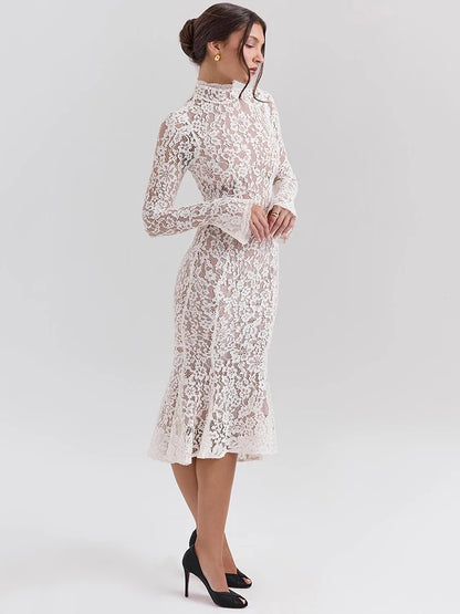 Mozision Lace Long Sleeve Sexy Midi Dress For Women Elegant White Half High Collar High Waist Bodycon Club Party Sexy Long Dress - Smarsty