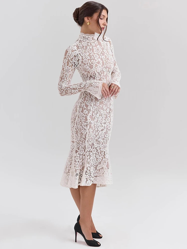 Mozision Lace Long Sleeve Sexy Midi Dress For Women Elegant White Half High Collar High Waist Bodycon Club Party Sexy Long Dress - Smarsty