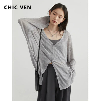 CHIC VEN Women's Cardigan New V-neck Long Sleeved Female Shirt Female Jumpers Sun Protection Woman Top Spring Summer 2024 - Smarsty