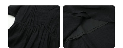 CHIC VEN Women Dresses French Style Vintage V-neck Puff Sleeve Long Dress Solid Black Loose Female Clothing Summer New 2023 - Smarsty