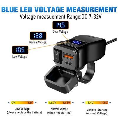 PD QC3.0 Motorcycle USB Fast Charger 60W Handlebar Dual USB Socket with Switch Voltmeter Waterproof 12V Power Supply Adapter - Smarsty